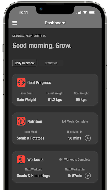 Screenshot of Grow Bodybuilding App showing the user's dashboard with goals, nutrition plan and next workout