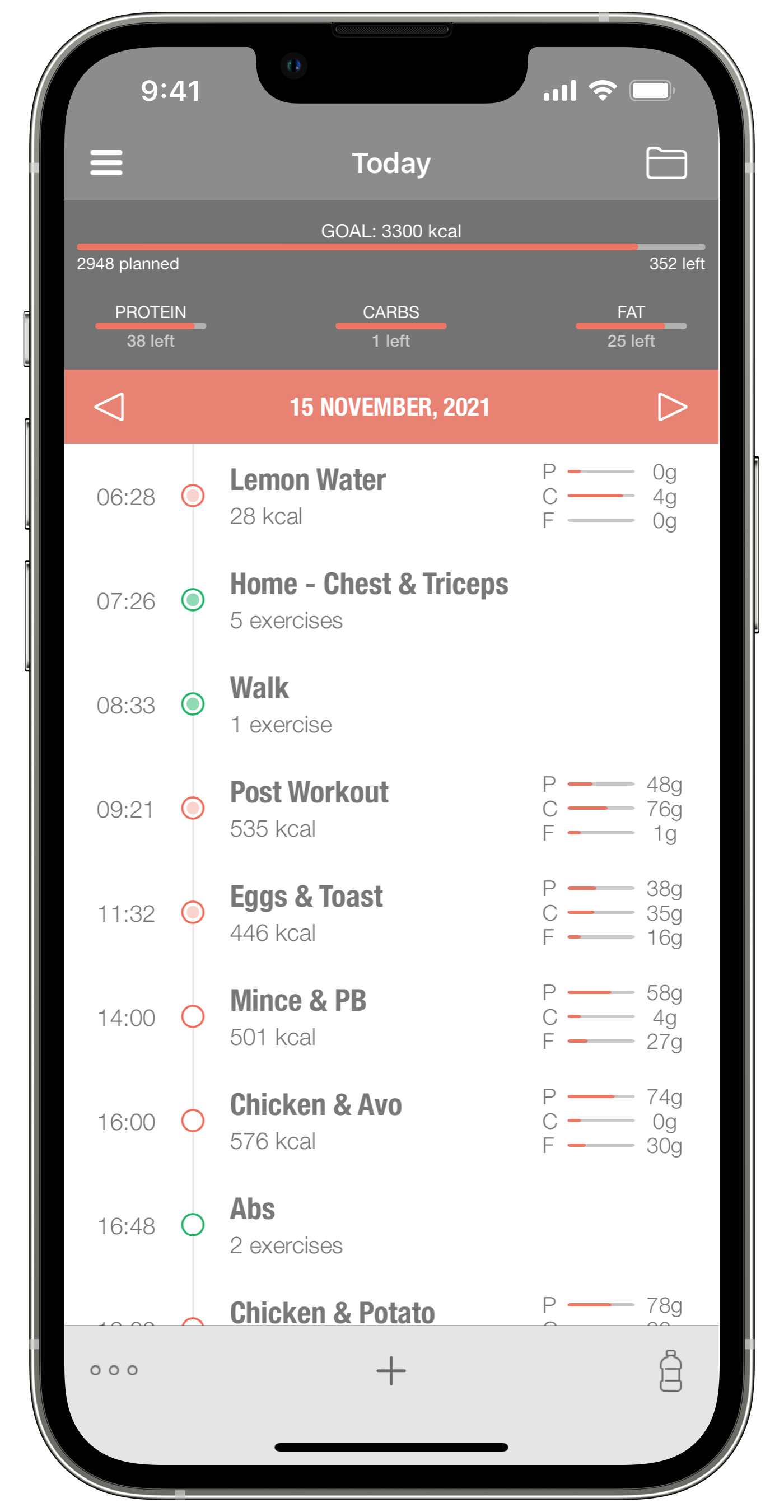 gym workout app showing timeline for planning and tracking meals and workouts